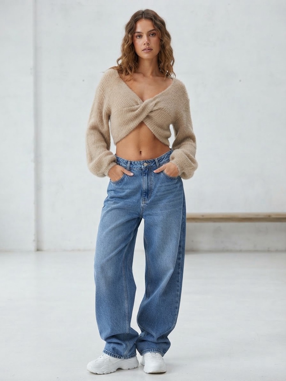 Princess Polly The Henrik Taupe Fuzzy Twist Front Cropped Sweater M/L